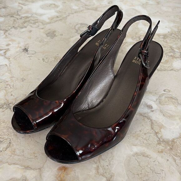 Stuart Weitzman Tortoise Shell Patent Leather Peep Toe Wedge Slingback Heels - Picture 3 of 13